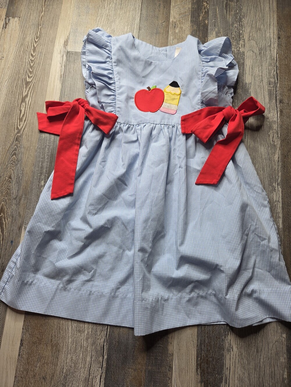 Stitchy Fish Dress Back To School Apple Pencil Blue Gingham Size 4T